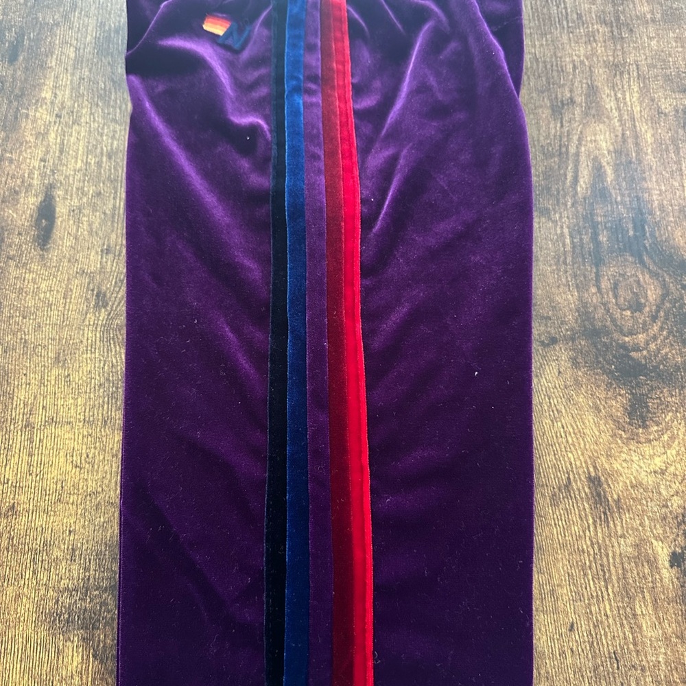 Aviator Nation purple velour kids sweatpants, with striped sides, size 6